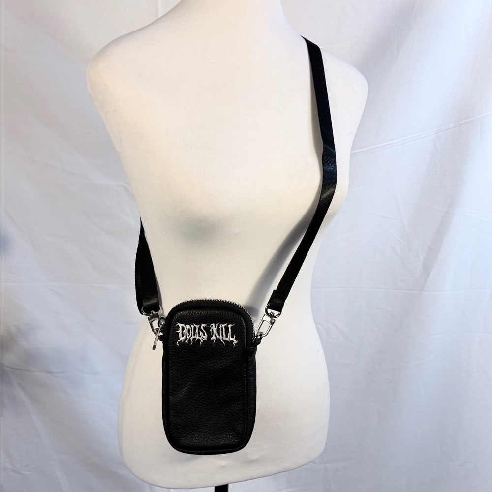 NWT Dolls Kill Black Faux Leather Logo 7” Phone Crossbody Bag NEW💚